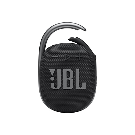 Schwarzer, runder JBL Clip-Lautsprecher mit integriertem Karabinerhaken vor weißem Hintergrund.