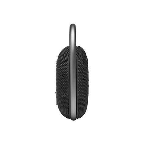 Seitenansicht eines schwarzen Bluetooth-Lautsprechers mit integriertem Metallkarabiner und Bedienknöpfen.