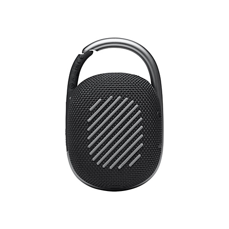 Schwarzer, runder Bluetooth-Lautsprecher mit integriertem silbernem Karabinerhaken vor weißem Hintergrund.