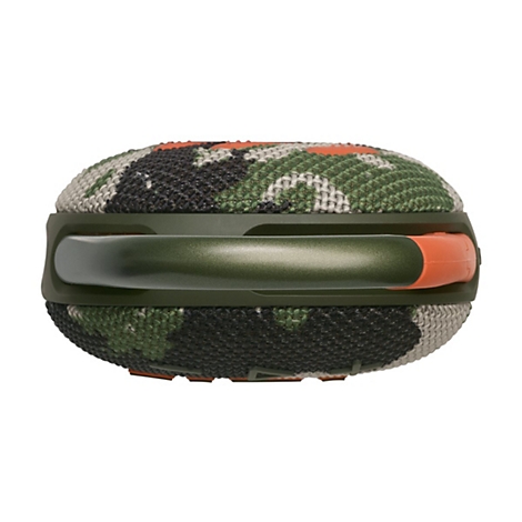 Draufsicht auf einen tragbaren Lautsprecher mit Camouflage-Muster. Grüner Griff und orangefarbene Akzente.