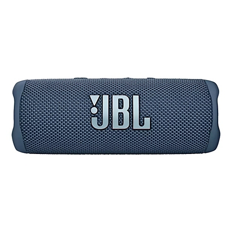 Dunkelblauer JBL-Lautsprecher mit dem JBL-Logo. Die Oberfläche ist gewebt.