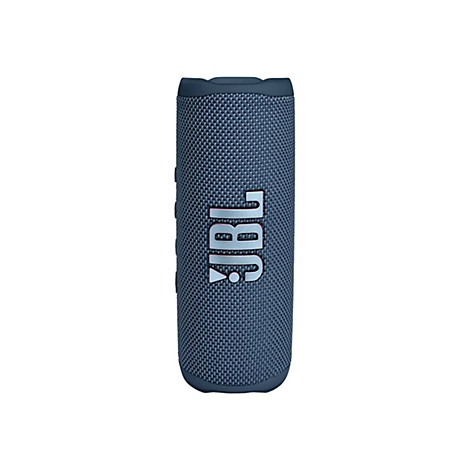 Blauer, zylinderförmiger JBL Bluetooth-Lautsprecher mit großem, silbernem Logo auf der Textiloberfläche.