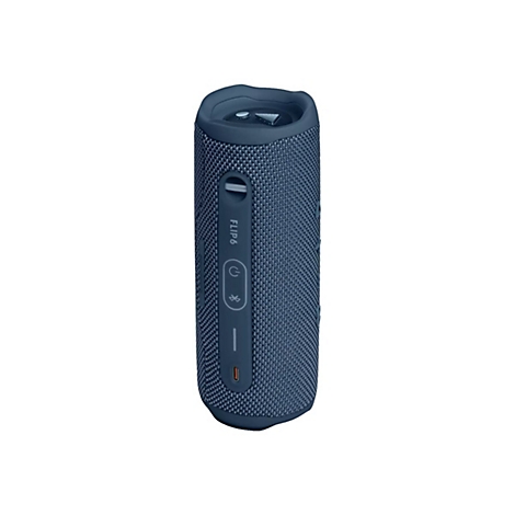 Blauer, zylindrischer Bluetooth-Lautsprecher JBL Flip 6 mit Bedienleiste und sichtbarem USB-C-Anschluss.