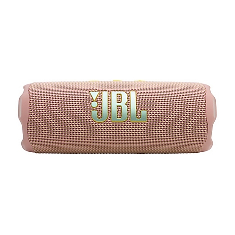 Hellrosa JBL-Lautsprecher mit türkisgrünem Logo, weißer Hintergrund.