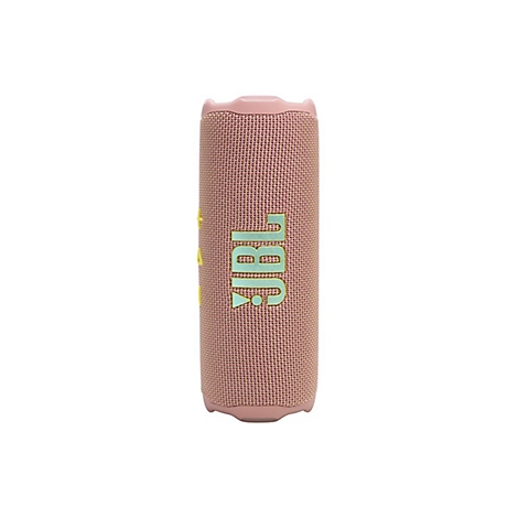 Zylindrisch geformter, roter JBL-Lautsprecher mit grünem JBL-Schriftzug.