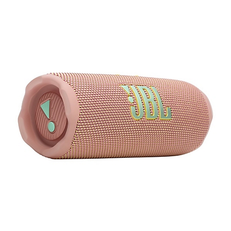 Hellrosa JBL Bluetooth-Lautsprecher. Auf der Seite das JBL Logo in hellem Grün und auf der Oberseite die Bedienknöpfe mit einem Ausrufezeichen.