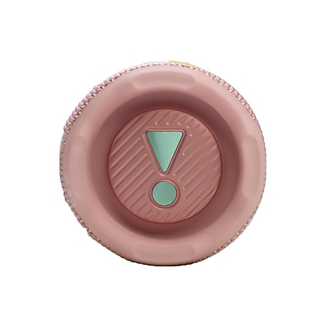 Nahaufnahme eines rosafarbenen Lautsprechers, unten mit Ausrufezeichen-Design in Mintgrün und Rippenstruktur. Rundherum rosa mit cremefarbenen Details.
