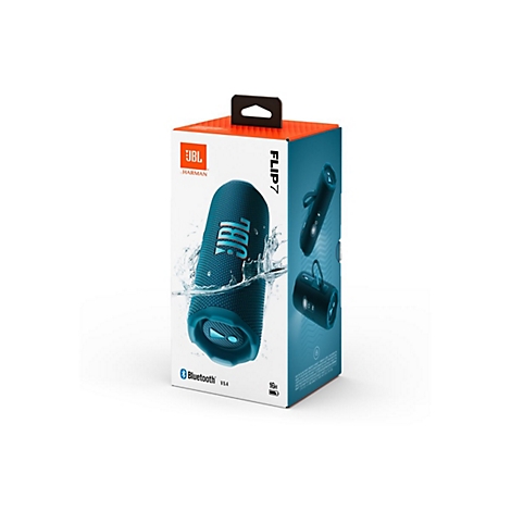 Produktverpackung des blauen JBL Flip 7 Bluetooth-Lautsprechers mit Wasser-Grafik.