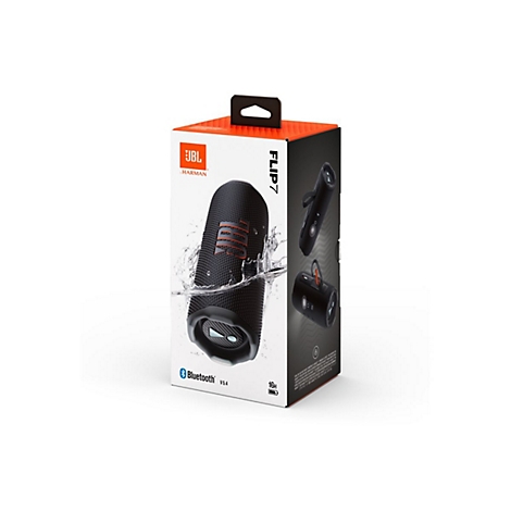 Produktverpackung des schwarzen JBL Flip 7 Bluetooth-Lautsprechers mit Wasser-Effekt.