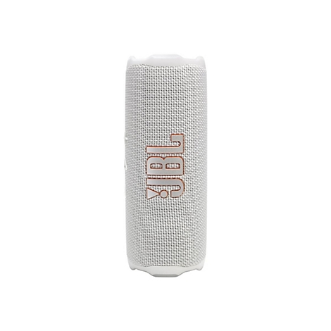 Weißer zylindrischer Bluetooth-Lautsprecher JBL Flip 6 mit großem, kupferfarbenem JBL-Logo auf der Vorderseite.