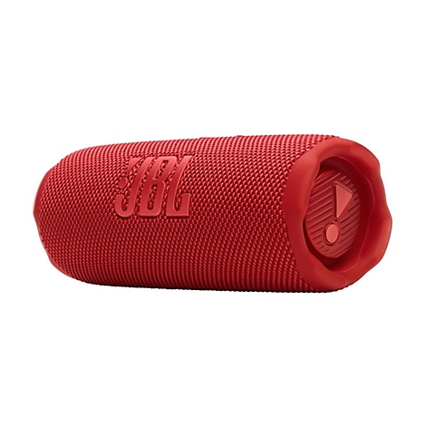 Roter, zylindrischer JBL Bluetooth-Lautsprecher vor weißem Hintergrund mit geprägtem JBL-Logo.