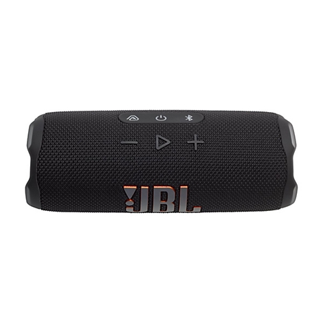 Schwarzer, zylinderförmiger JBL Bluetooth-Lautsprecher vor weißem Hintergrund mit Tasten an der Oberseite.