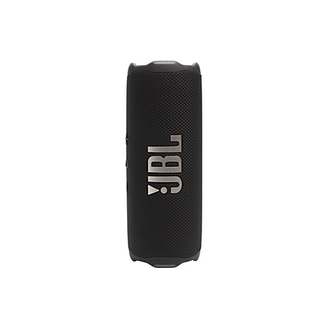 Schwarzer, zylinderförmiger JBL Bluetooth-Lautsprecher in Frontansicht vor weißem Hintergrund.