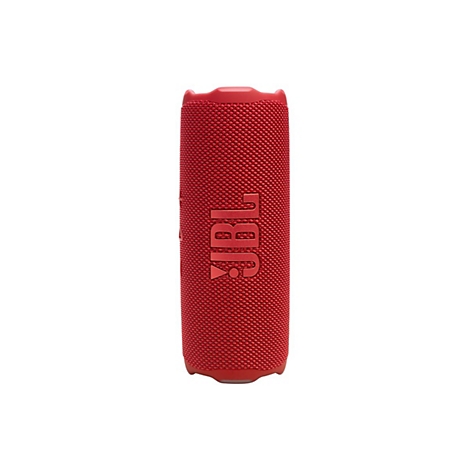 Roter zylinderförmiger JBL Bluetooth-Lautsprecher vor weißem Hintergrund.