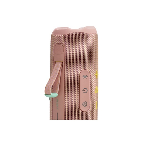 Nahaufnahme eines rosafarbenen JBL Bluetooth-Lautsprechers mit Bedientasten und Trageschlaufe vor weißem Hintergrund.