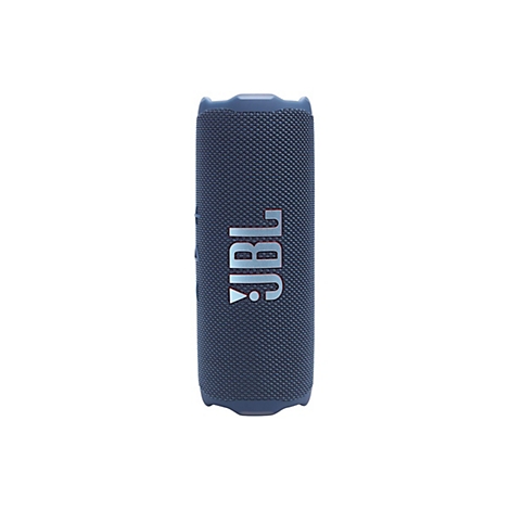 Blauer, zylindrischer JBL Bluetooth-Lautsprecher vor weißem Hintergrund mit großem JBL-Logo auf der Vorderseite.