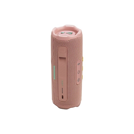 Rosa JBL Flip 7 Bluetooth-Lautsprecher vor weißem Hintergrund.