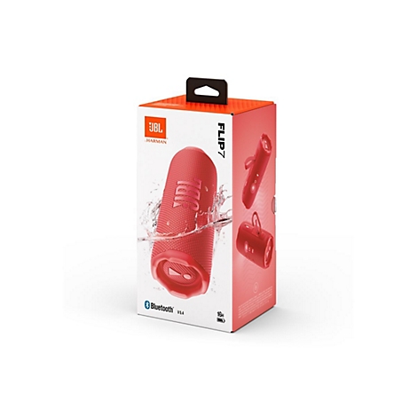 Verpackung des roten JBL Flip 7 Bluetooth-Lautsprechers mit Wasser-Grafik.