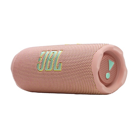 Rosa JBL Bluetooth-Lautsprecher vor weißem Hintergrund mit türkisem JBL-Logo und Details.