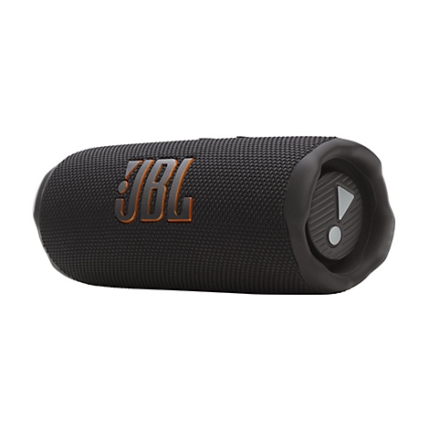 Schwarzer, zylinderförmiger JBL Bluetooth-Lautsprecher mit orangefarbenem Logo auf strukturiertem Stoffgehäuse.