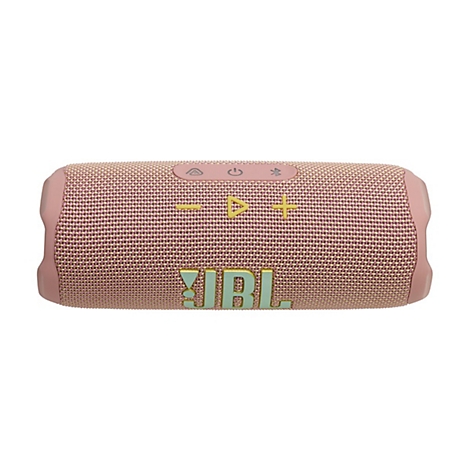 Rosa JBL Bluetooth-Lautsprecher vor weißem Hintergrund mit gelben Tasten und Logo.