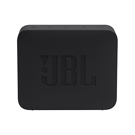 Schwarzer, quadratischer JBL Lautsprecher von vorne mit geprägtem Logo und Bedienknöpfen oben.