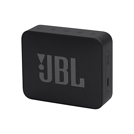 Schwarzer, quadratischer JBL Bluetooth-Lautsprecher vor weißem Hintergrund.