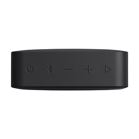 Draufsicht auf die schwarzen Bedienungstasten eines Lautsprechers mit Symbolen für Power, Bluetooth, Lautstärke und Play.