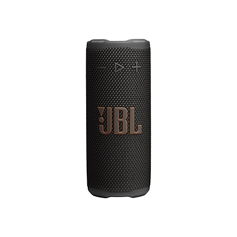 Schwarzer, zylinderförmiger JBL Bluetooth-Lautsprecher vor weißem Hintergrund mit orangefarbenem Logo.