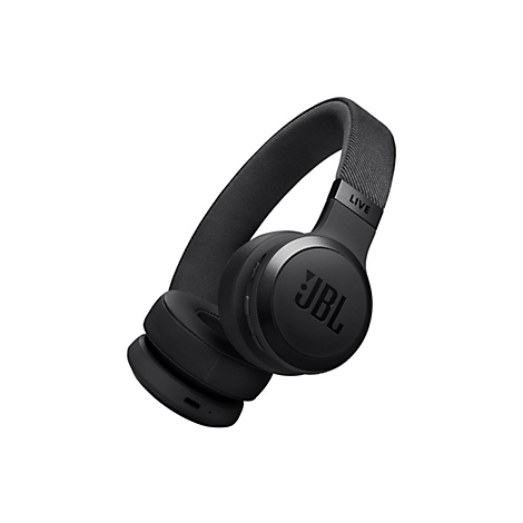 Schwarze JBL Live Over-Ear-Kopfhörer vor weißem Hintergrund mit Textil-Kopfband.
