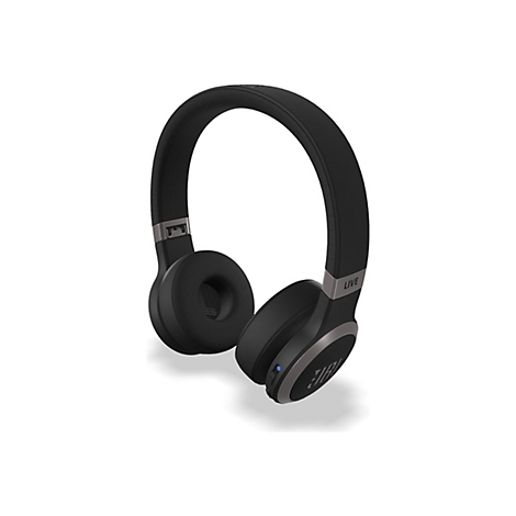 Schwarze kabellose JBL Live On-Ear-Kopfhörer mit gepolstertem Kopfbügel vor weißem Hintergrund.