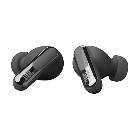 Zwei graue JBL True Wireless Kopfhörer auf weißem Hintergrund.