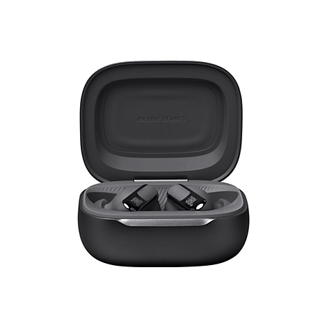 Schwarze JBL Live Beam 3 In-Ear-Kopfhörer in geöffneter Ladebox. Gehäuse mit JBL-Logo und Produktbezeichnung.