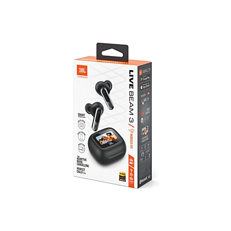 Verpackung der JBL Live Beam 3 Ohrhörer. Abgebildet sind die Kopfhörer in Schwarz, eine Ladebox und Textinformationen über das Produkt.