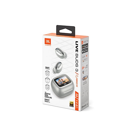 Verpackung der JBL LIVE BUDS 3. Aufdruck mit Produktbildern, Markenlogo, Produktname und Eigenschaften. Silberne Kopfhörer und Ladecase.