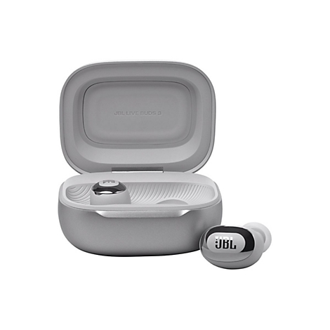 Graues Ladecase und Kopfhörer von JBL, Case offen. Aufschrift JBL LIVE BUDS 3.