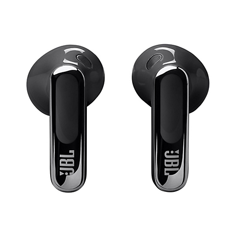 Zwei schwarze JBL-Kopfhörer vor weißem Hintergrund. Die Kopfhörer haben einen langen, glänzenden Stiel mit dem JBL-Logo.