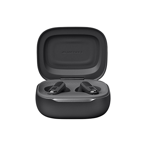 Dunkelgraue JBL Live Flex 3 Kopfhörer in ihrem Ladeetui, das geöffnet ist. Auf dem Etui steht "JBL LIVE FLEX 3".