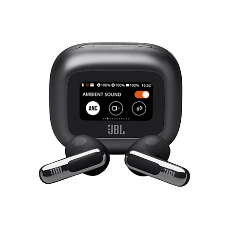 Schwarze JBL-Kopfhörer mit Ladecase. Auf dem Case ein Display mit Akkustatus, und Optionen. Zwei Kopfhörer sind daneben platziert.