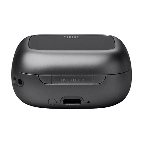 Dunkelgraues Ladecase für JBL Live Flex 3. Mit Logo und Schriftzug.