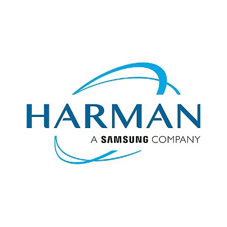 Harman-Logo: Blauer Schriftzug Harman mit Schwunglinien, darunter 'A Samsung Company'.