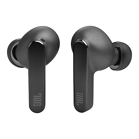 Zwei schwarze JBL-Kopfhörer, nah aufgenommen, mit JBL-Logo auf der Basis.