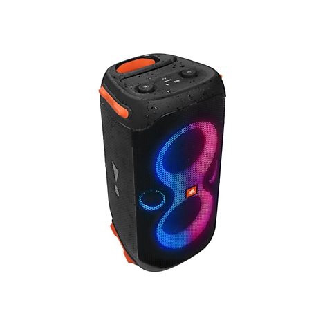 Schwarzer Bluetooth-Lautsprecher mit orangefarbenen Akzenten, LED-Beleuchtung und JBL-Logo. 