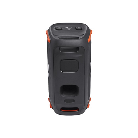 Draufsicht auf einen schwarzen JBL-Lautsprecher mit orangefarbenen Akzenten. Oben befinden sich Bedienelemente.