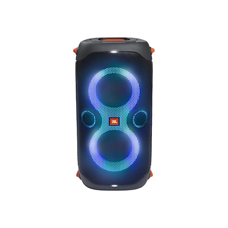 Dunkler Bluetooth-Lautsprecher mit leuchtenden blauen und grünen Mustern. Auf der Vorderseite befindet sich das JBL-Logo.