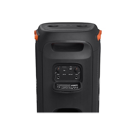 Nahaufnahme eines schwarzen Lautsprechers mit orangefarbenen Akzenten. Auf der Rückseite Anschlüsse für USB, Aux-In und Aux-Out.