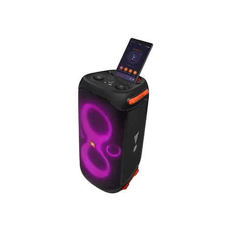 Schwarzer JBL-Lautsprecher mit Tablet, das Musik abspielt. Lila Lichteffekte, orangefarbene Akzente.