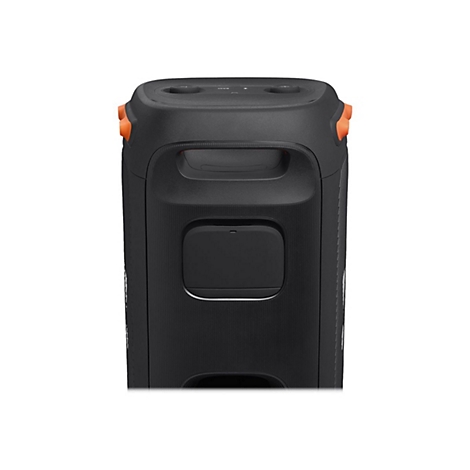 Schwarzer Bluetooth-Lautsprecher mit orangefarbenen Akzenten, Griff und Knöpfen oben.