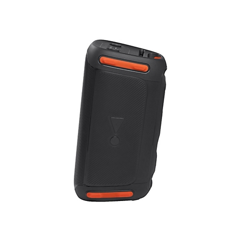 Schwarzer Bluetooth-Lautsprecher mit orangefarbenen Akzenten. JBL-Logo, rechteckige Form, leicht schräg vor weißem Hintergrund.