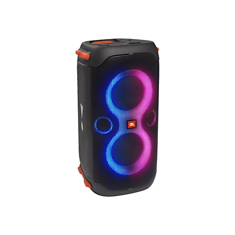 Schwarzer JBL-Bluetooth-Lautsprecher mit blau-pinkfarbener Lichtshow.